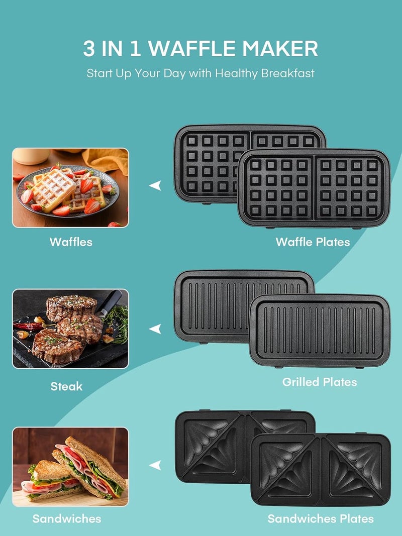 FOHERE Waffle Maker 3 in 1 Sandwich Maker 1200W Panini Press With Removable Plates and 5-gear Temperature Control, Non-stick Coating Easy to Clean,Indicator Lights, Blue - Image 4